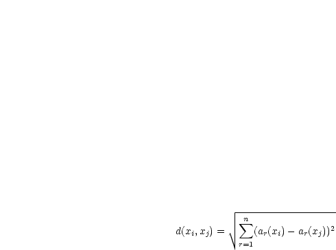            ------------------
          V~   sum n             2
d(xi,xj) =     (ar(xi)- ar(xj))
            r=1  